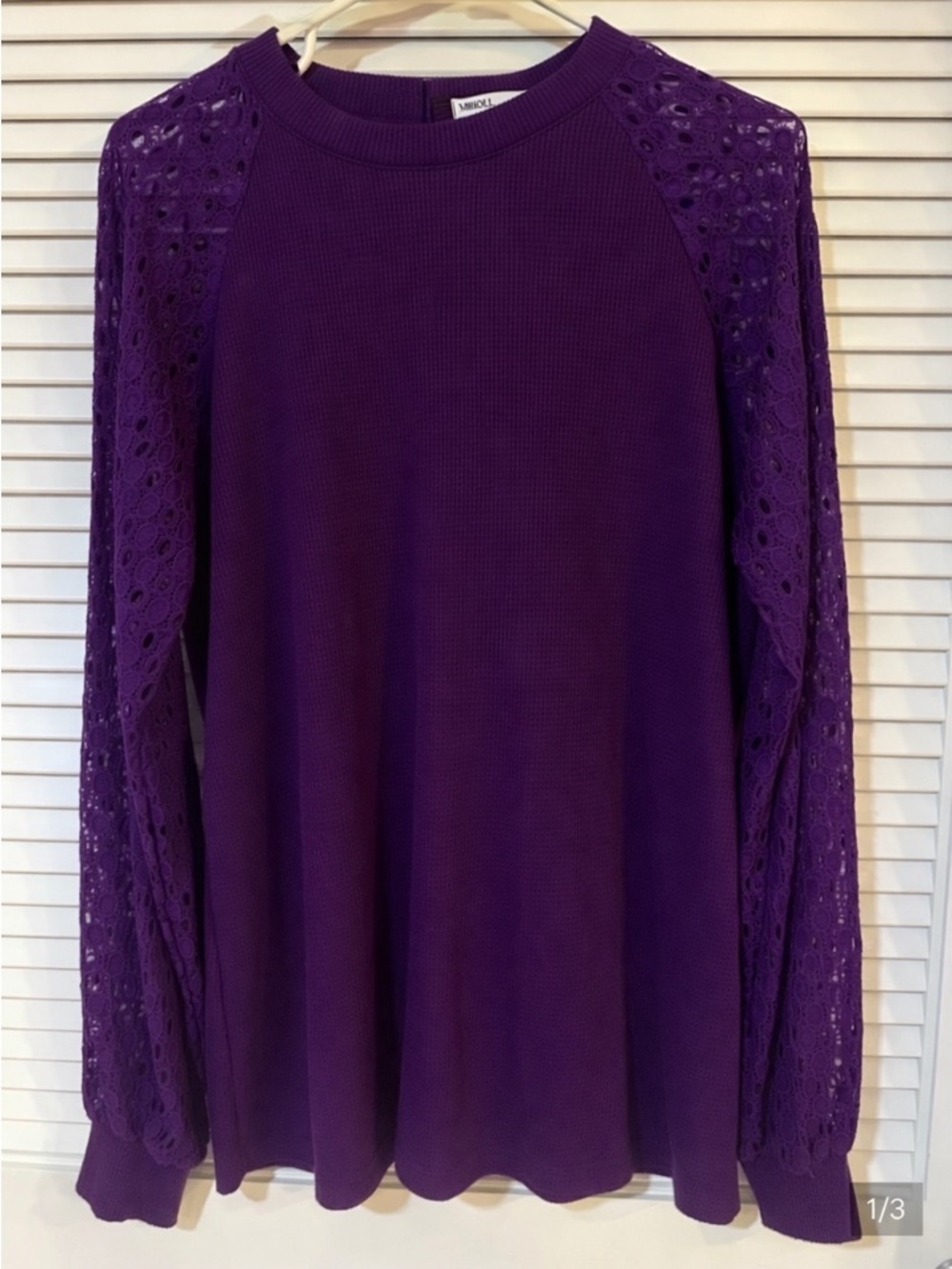 Waffle Knit Top with Lace Crochet Sleeves